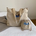 Minimalist beige canvas tote bag with Beach print and matching drawstring pouch set - Khaki
