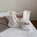 Ivory canvas tote bag set with red Beach print and matching drawstring pouch - White