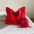Red large capacity canvas tote bag with blue Beach text and matching drawstring pouch - Red