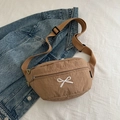 Khaki brown crossbody chest bag with white bow embroidery and canvas strap - Khaki