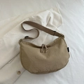 Minimalist khaki crescent crossbody bag with pleated texture and wide woven strap - Khaki