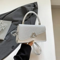 Silver glossy square handbag with rhinestone lid and heart metal buckle for women - Silver