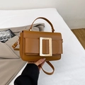 Brown vintage square handbag in synthetic leather with large golden metal buckle clasp - Brown