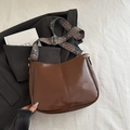 Retro dark brown PU leather tote bag with vintage patterned wide shoulder strap - Brown