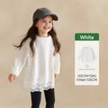 Girl's white long sleeve T-shirt with vintage lace hem and round neck in cotton fabric - White / 90cm