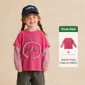 Girl's rose red long sleeve T-shirt with 3D cartoon cat and layered design - 90 / Fake Two-piece Long Sleeve Top / Rose Red