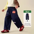 Jean large bleu enfant avec patch pomme et broderie florale sur pantalon en denim - 90cm / Bleu