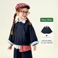 Girls navy utility jacket with white lace collar and plaid trim details in cotton - Navy Blue / 100cm