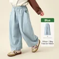 Kids wide-leg casual pants in light blue with elastic waist and side green label - Blue / 100cm