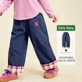 Navy kids wide-leg pants with pink plaid cuffs and cute bunny embroidery details - 90cm / Bottoms / Navy Blue