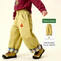 Kids' yellow-green cotton leisure pants featuring squirrel embroidery and plaid cuffs - 100cm / Bottoms / Yellow-Green