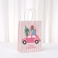 Roze gestreepte kerstcadeautas met vintage auto-illustratie en kerstboom - Vintage Auto Stijl (565-2)