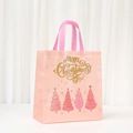 Pink Christmas non-woven gift tote bag with golden Merry Christmas text and tree patterns - Christmas Tree Pattern (5054-4)