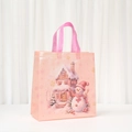 Detailed view of pink Christmas non-woven gift bag featuring snow house and snowman design - Snow House & Snowman Pattern (5054-5)
