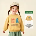 Yellow long sleeve cotton sweatshirt for girls featuring a cute cartoon cat and dog print - Yellow / 100cm