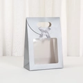 Silver gift paper bag with clear window and satin bow for pastry and candy packaging - 16x12x7cm / Silver