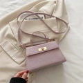 Pink woven texture shoulder bag with gold twist lock and adjustable strap - Pink