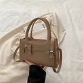 Elegant beige bow square handbag with adjustable shoulder strap and top handles - Khaki