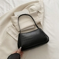Elegant black faux leather baguette bag with crocodile texture and gold hardware detail - Black