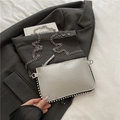 Silver crocodile texture shoulder bag with metallic finish and metal chain strap - Silver