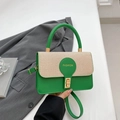 Retro kleine vierkante tas van groen leer en beige geweven stof met gouden details - Groen