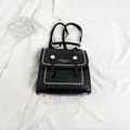 Versatile black leather backpack with gold chain trim and elegant brand logo printing - Black