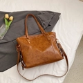 Brown oil wax leather tote bag with gold hardware and adjustable strap for women - Brown