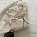 Cream ballet-style Boston bag with metallic bow, lace trim and checkered ribbon - White