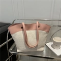 Rosa Leder und gewebte Strohtasche für Strandurlaub und täglichen Pendlerstil - Groß / Reisrosa