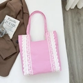 Grand sac cabas en toile rose avec détails en dentelle blanche et bandoulières - Rose