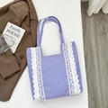 Sac cabas en toile lavande avec bordures en dentelle blanche et grande capacité - Violet