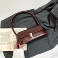 Retro burgundy baguette shoulder bag with glossy finish and gold metal buckle - Red Brown
