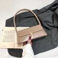 Chic khaki faux leather baguette shoulder bag with gold square buckle and fixed strap - Khaki