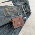 Brown litchi leather mini strawberry print wallet with gold chain and snap closure - Dusty Pink