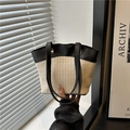 Large capacity straw woven beach bag with black PU handles and beige texture finish - Beige Black Small