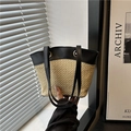 Beige woven straw tote bag with black faux leather trim and long shoulder straps - Khaki Black Small