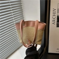 Pink leather and straw woven bucket bag with flat handles for beach vacations - Khaki Pink Small