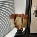 Chic woven tote bag in beige straw with contrasting brown leather handles for summer - Khaki Brown Small