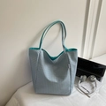 Blue and white checkered canvas tote bag with a vibrant bright cyan lining and long straps - Green