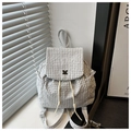 Primer plano de mochila a cuadros gris claro con cordón ajustable y hebilla metálica - Blanco