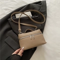 Elegant elephant gray pebble leather crossbody bag with silver double zippers - Khaki