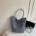 Blue and white gingham large capacity tote bag with fashion label for women's daily use - Blue