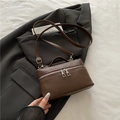 Dark coffee litchi grain leather crossbody box bag with silver zipper hardware - Brown