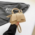 Chic beige woven mini square handbag with round buckle and adjustable shoulder strap - Khaki