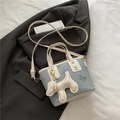 Pequeño bolso tipo cubo francés con colgante de perrito y estampado de mariposas. - Con Colgante / Azul y Blanco