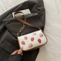Vintage white PU shoulder bag with strawberry print and gold chain strap detail - Brown