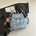 Light blue denim mini backpack with embroidery, chain straps and plush bear charm - Blue with Pendant