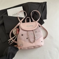Pink vintage backpack with embroidery, metal chain and plush monkey charm detail - Pink With Pendant