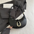 Elegant retro black woven crescent shoulder bag with decorative gold-tone buckle - Black