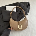 Elegant vintage khaki woven crescent shoulder bag featuring stylish gold buckle detail - Khaki